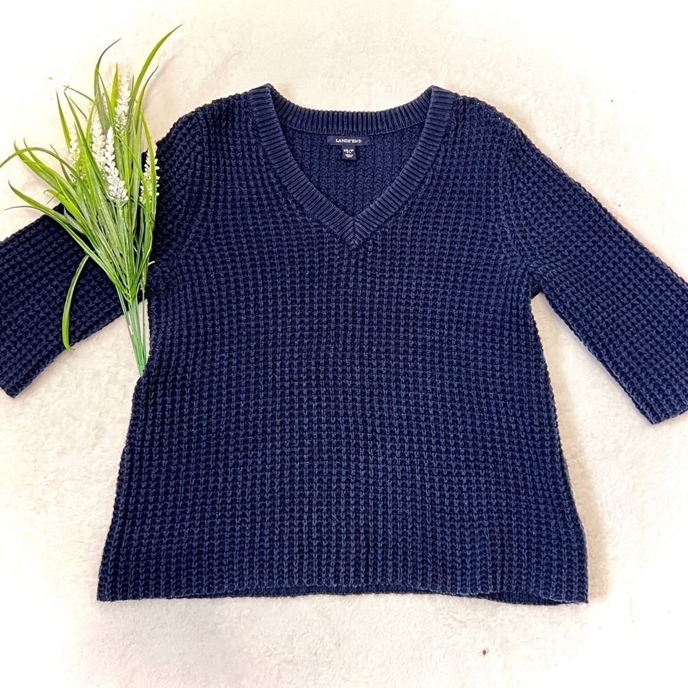 Lands End Navy Chunky Waffle Knit Sweater - XS